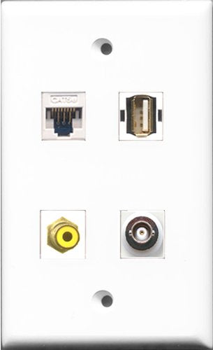 RiteAV 1 Port RCA Yellow and 1 Port USB A-A and 1 Port BNC and 1 Port Cat5e Ethernet White Wall Plate