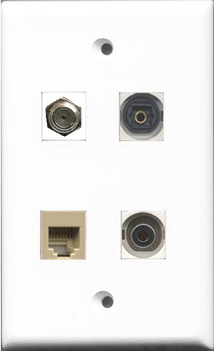 RiteAV 1 Port Coax Cable TV- F-Type and 1 Port Phone RJ11 RJ12 Beige and 1 Port Toslink and 1 Port 3.5mm Wall Plate