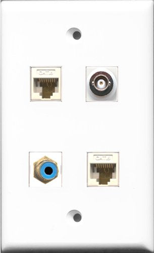 RiteAV 1 Port RCA Blue and 1 Port BNC 2 Port Cat6 Ethernet White Wall Plate