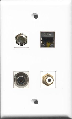 RiteAV 1 Port RCA White and 1 Port Coax Cable TV- F-Type and 1 Port Shielded Cat6 Ethernet and 1 Port 3.5mm Wall Plate