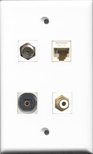 RiteAV 1 Port RCA White and 1 Port Coax Cable TV- F-Type and 1 Port Toslink and 1 Port Cat6 Ethernet White Wall Plate