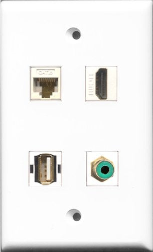 RiteAV 1 Port HDMI and 1 Port RCA Green and 1 Port USB A-A and 1 Port Cat6 Ethernet White Wall Plate