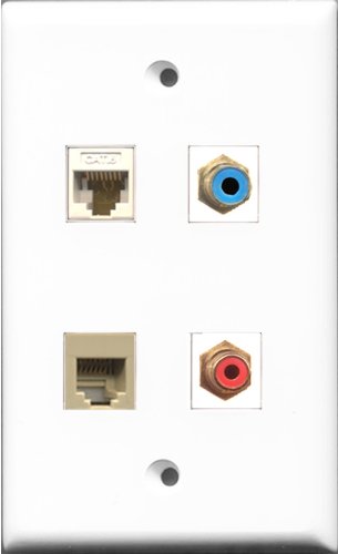 RiteAV 1 Port RCA Red and 1 Port RCA Blue and 1 Port Phone RJ11 RJ12 Beige and 1 Port Cat6 Ethernet White Wall Plate