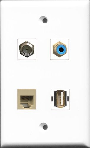 RiteAV 1 Port RCA Blue and 1 Port Coax Cable TV- F-Type and 1 Port USB A-A and 1 Port Phone RJ11 RJ12 Beige Wall Plate