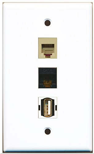 RiteAV - 1 Port USB A-A and 1 Port Phone RJ11 RJ12 Beige and 1 Port Cat6 Ethernet Black Wall Plate
