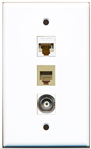 RiteAV - 1 Port Phone RJ11 RJ12 Beige and 1 Port BNC and 1 Port Cat6 Ethernet White Wall Plate