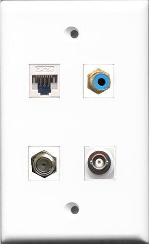 RiteAV 1 Port RCA Blue and 1 Port Coax Cable TV- F-Type and 1 Port BNC and 1 Port Cat5e Ethernet White Wall Plate