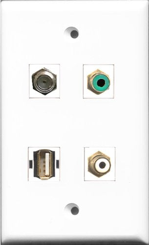 RiteAV 1 Port RCA White and 1 Port RCA Green and 1 Port Coax Cable TV- F-Type and 1 Port USB A-A Wall Plate