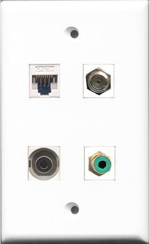 RiteAV - 1 Port RCA Green and 1 Port Coax Cable TV- F-Type and 1 Port 3.5mm and 1 Port Cat5e Ethernet White Wall Plate