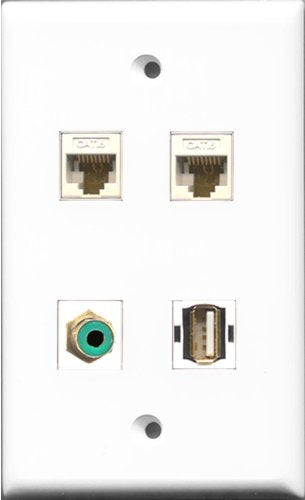 RiteAV 1 Port RCA Green and 1 Port USB A-A 2 Port Cat6 Ethernet White Wall Plate