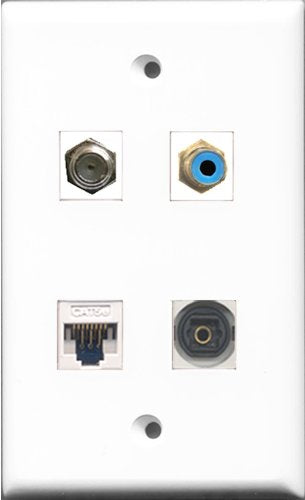 RiteAV 1 Port RCA Blue and 1 Port Coax Cable TV- F-Type and 1 Port Toslink and 1 Port Cat5e Ethernet White Wall Plate