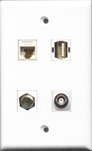 RiteAV 1 Port Coax Cable TV- F-Type and 1 Port USB A-A and 1 Port BNC and 1 Port Cat6 Ethernet White Wall Plate