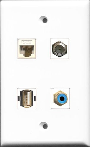 RiteAV 1 Port RCA Blue and 1 Port Coax Cable TV- F-Type and 1 Port USB A-A and 1 Port Cat6 Ethernet White Wall Plate