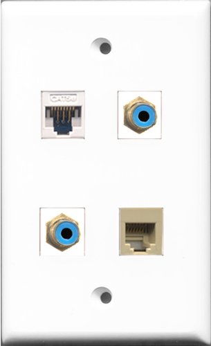 RiteAV - 2 Port RCA Blue and 1 Port Phone RJ11 RJ12 Beige and 1 Port Cat5e Ethernet White Wall Plate