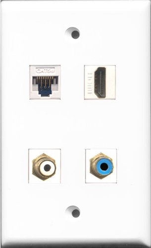 RiteAV - 1 Port HDMI and 1 Port RCA White and 1 Port RCA Blue and 1 Port Cat5e Ethernet White Wall Plate