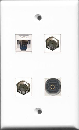 RiteAV - 2 Port Coax Cable TV- F-Type and 1 Port Toslink and 1 Port Cat5e Ethernet White Wall Plate