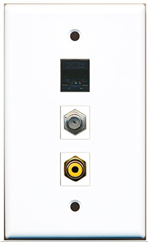 RiteAV - 1 Port RCA Yellow and 1 Port Coax Cable TV- F-Type and 1 Port Cat5e Ethernet Black Wall Plate