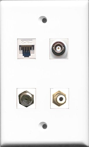 RiteAV - 1 Port RCA White and 1 Port Coax Cable TV- F-Type and 1 Port BNC and 1 Port Cat5e Ethernet White Wall Plate