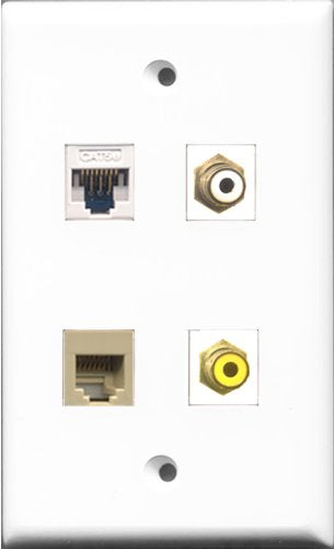 RiteAV 1 Port RCA White and 1 Port RCA Yellow and 1 Port Phone RJ11 RJ12 Beige and 1 Port Cat5e Ethernet White Wall Plate