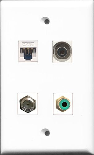 RiteAV - 1 Port RCA Green and 1 Port Coax Cable TV- F-Type and 1 Port 3.5mm and 1 Port Cat5e Ethernet White Wall Plate