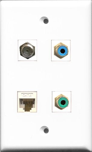RiteAV 1 Port RCA Green and 1 Port RCA Blue and 1 Port Coax Cable TV- F-Type and 1 Port Cat6 Ethernet White Wall Plate