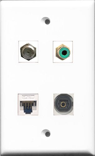 RiteAV 1 Port RCA Green and 1 Port Coax Cable TV- F-Type and 1 Port Toslink and 1 Port Cat5e Ethernet White Wall Plate