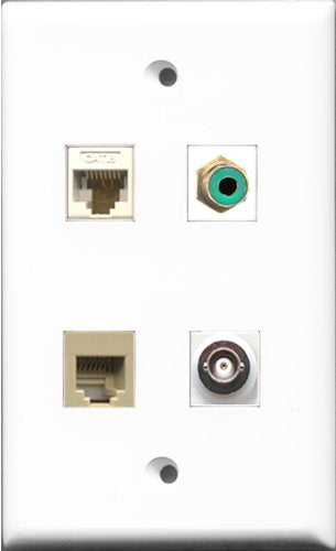 RiteAV 1 Port RCA Green and 1 Port Phone RJ11 RJ12 Beige and 1 Port BNC and 1 Port Cat6 Ethernet White Wall Plate
