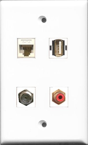 RiteAV 1 Port RCA Red and 1 Port Coax Cable TV- F-Type and 1 Port USB A-A and 1 Port Cat6 Ethernet White Wall Plate