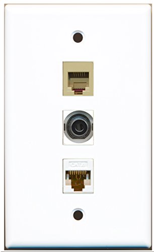 RiteAV - 1 Port Phone RJ11 RJ12 Beige and 1 Port 3.5mm and 1 Port Cat6 Ethernet White Wall Plate