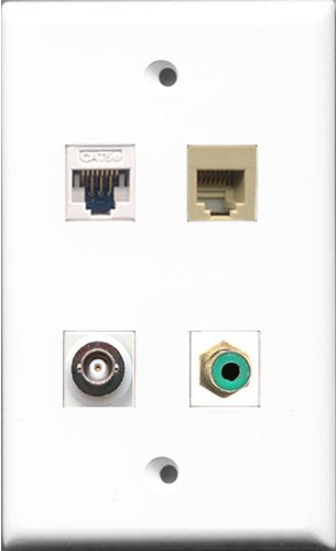 RiteAV 1 Port RCA Green and 1 Port Phone RJ11 RJ12 Beige and 1 Port BNC and 1 Port Cat5e Ethernet White Wall Plate