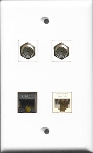 RiteAV - 2 Port Coax Cable TV- F-Type and 1 Port Shielded Cat6 Ethernet and 1 Port Cat6 Ethernet White Wall Plate