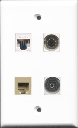 RiteAV - 1 Port Phone RJ11 RJ12 Beige and 1 Port Toslink and 1 Port 3.5mm and 1 Port Cat5e Ethernet White Wall Plate