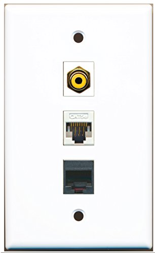 RiteAV - 1 Port RCA Yellow and 1 Port Phone RJ11 RJ12 Black and 1 Port Cat5e Ethernet White Wall Plate