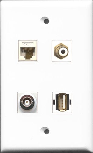 RiteAV 1 Port RCA White and 1 Port USB A-A and 1 Port BNC and 1 Port Cat6 Ethernet White Wall Plate