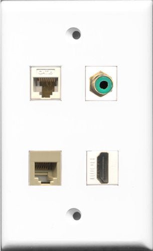 RiteAV 1 Port HDMI and 1 Port RCA Green and 1 Port Phone RJ11 RJ12 Beige and 1 Port Cat6 Ethernet White Wall Plate