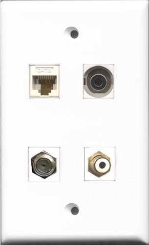 RiteAV 1 Port RCA White and 1 Port Coax Cable TV- F-Type and 1 Port 3.5mm and 1 Port Cat6 Ethernet White Wall Plate