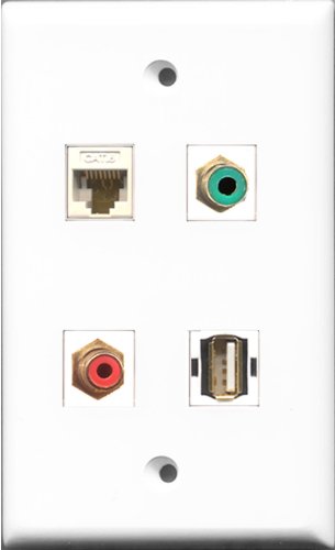 RiteAV 1 Port RCA Red and 1 Port RCA Green and 1 Port USB A-A and 1 Port Cat6 Ethernet White Wall Plate