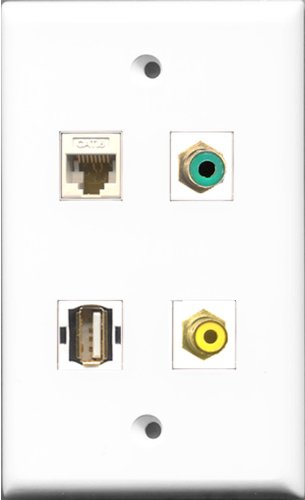 RiteAV 1 Port RCA Yellow and 1 Port RCA Green and 1 Port USB A-A and 1 Port Cat6 Ethernet White Wall Plate
