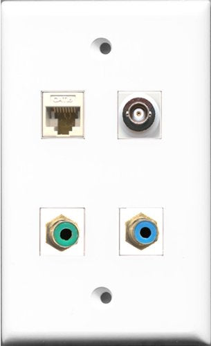 RiteAV 1 Port RCA Green and 1 Port RCA Blue and 1 Port BNC and 1 Port Cat6 Ethernet White Wall Plate