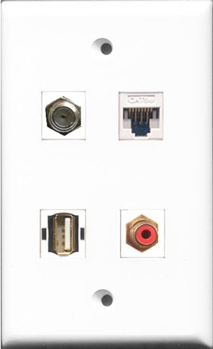 RiteAV 1 Port RCA Red and 1 Port Coax Cable TV- F-Type and 1 Port USB A-A and 1 Port Cat5e Ethernet White Wall Plate