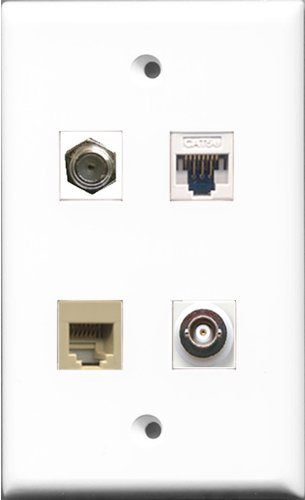 RiteAV 1 Port Coax Cable TV- F-Type and 1 Port Phone RJ11 RJ12 Beige and 1 Port BNC and 1 Port Cat5e Ethernet White Wall Plate