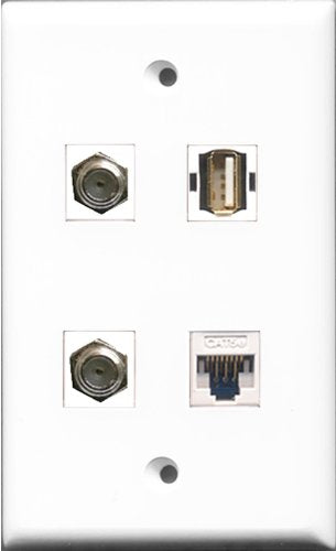 RiteAV - 2 Port Coax Cable TV- F-Type and 1 Port USB A-A and 1 Port Cat5e Ethernet White Wall Plate