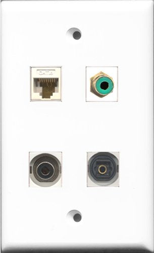 RiteAV 1 Port RCA Green and 1 Port Toslink and 1 Port 3.5mm and 1 Port Cat6 Ethernet White Wall Plate