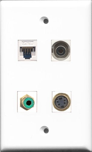 RiteAV - 1 Port RCA Green and 1 Port S-Video and 1 Port 3.5mm and 1 Port Cat5e Ethernet White Wall Plate