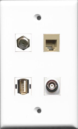 RiteAV 1 Port Coax Cable TV- F-Type and 1 Port USB A-A and 1 Port Phone RJ11 RJ12 Beige and 1 Port BNC Wall Plate