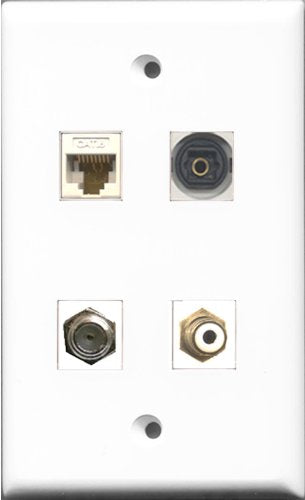RiteAV 1 Port RCA White and 1 Port Coax Cable TV- F-Type and 1 Port Toslink and 1 Port Cat6 Ethernet White Wall Plate