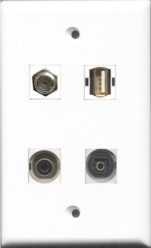 RiteAV 1 Port Coax Cable TV- F-Type and 1 Port USB A-A and 1 Port Toslink and 1 Port 3.5mm Wall Plate