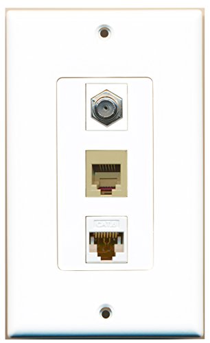 RiteAV - 1 Port Coax Cable TV- F-Type and 1 Port Phone RJ11 RJ12 Beige and 1 Port Cat6 Ethernet White Decorative Wall Plate Decorative