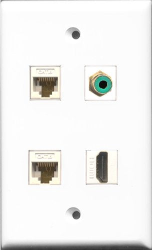 RiteAV 1 Port HDMI and 1 Port RCA Green 2 Port Cat6 Ethernet White Wall Plate