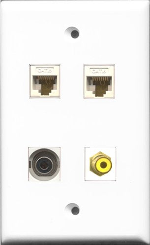 RiteAV 1 Port RCA Yellow and 1 Port 3.5mm 2 Port Cat6 Ethernet White Wall Plate